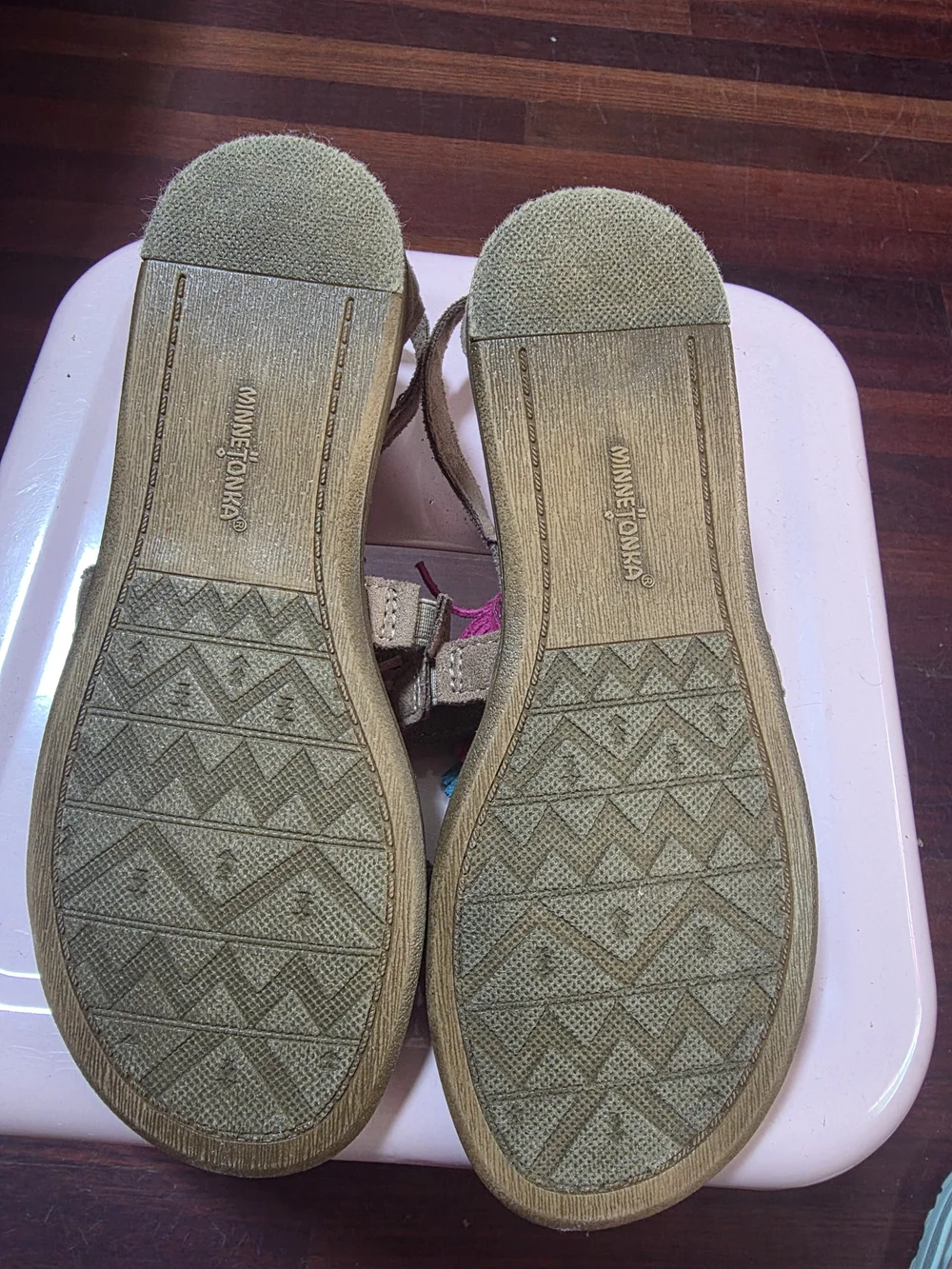 Minnetonka Girls Tan Suede Sandals with Pink, Blue & Light Pink Pom Pom Accents